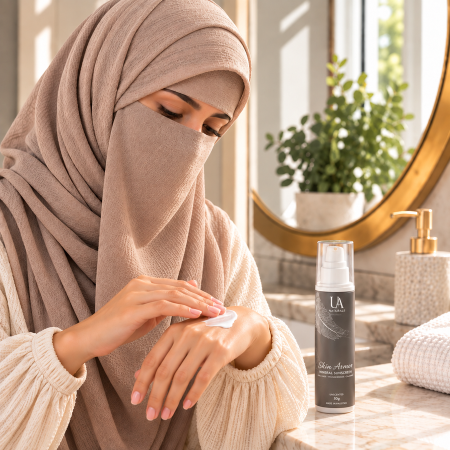 Woman applying Skin Armour sunscreen to exposed facial skin.