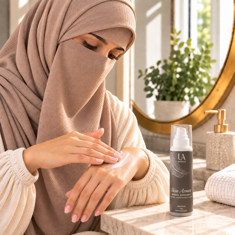 Woman gently blending Skin Armour sunscreen across her face.