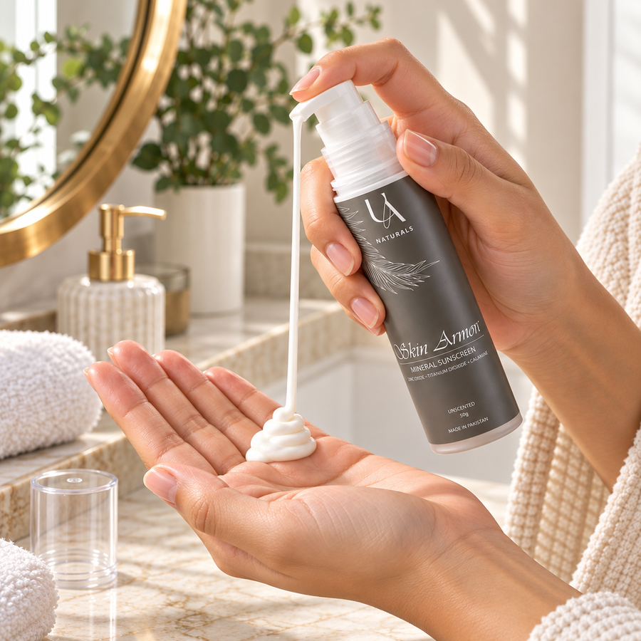 Skin Armour sunscreen being dispensed into the palm.